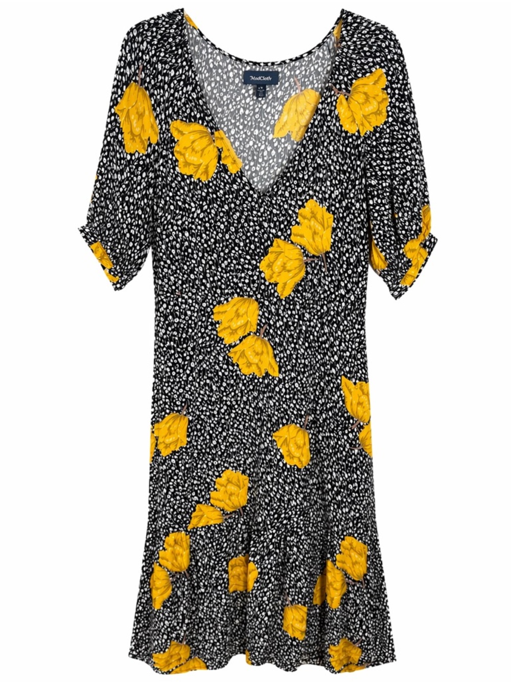 ModCloth Floral Midi Dress Puff Sleeve Black Yellow Large